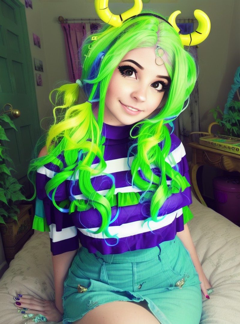 <lora:Bdelphine760x1024v2:1>A woman with green hair posing to the camera